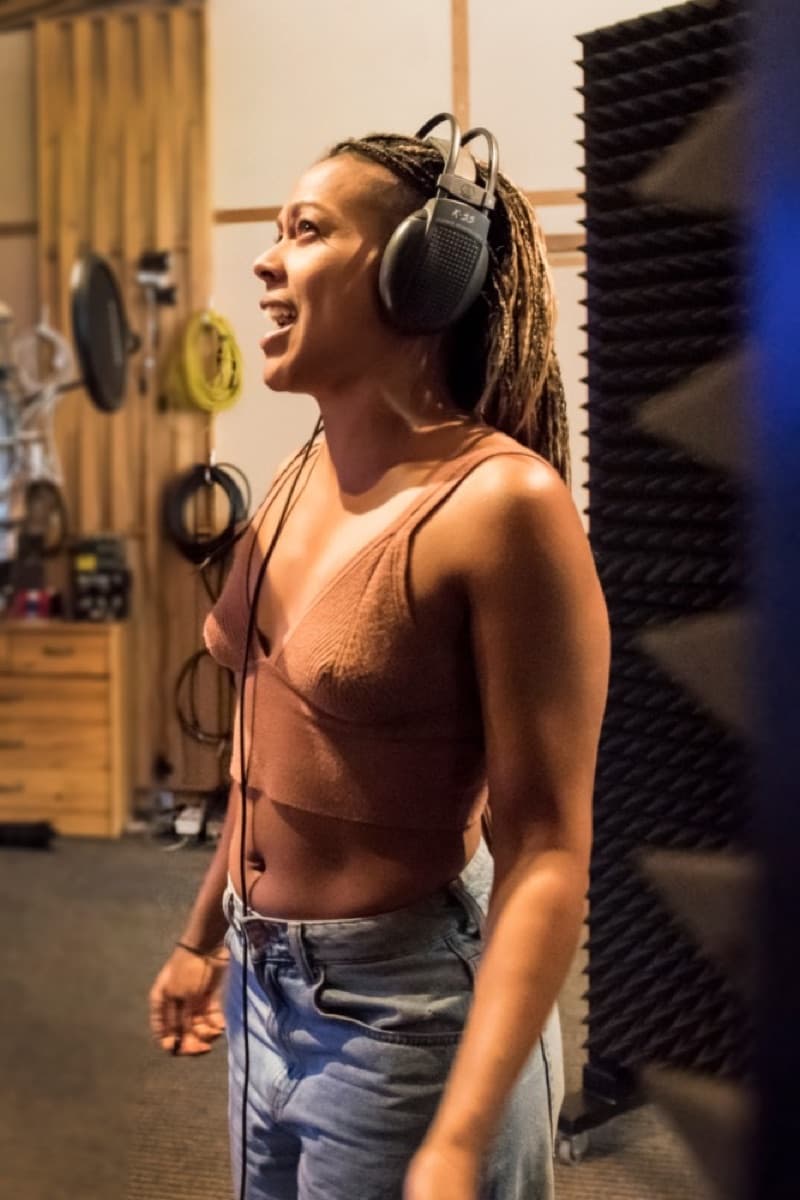 Lisa Ramey singing in the recording studio